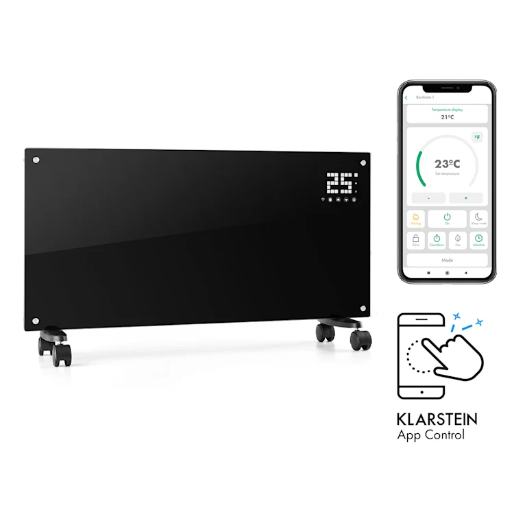 بخاری برقی هوشمند شیشه‌ای klarstein Bornholm Smart - مدل دیجیتال با کنترل وای‌فای و ترموستات لمسی با توان 2000 وات